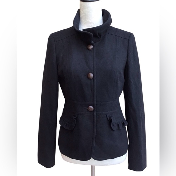 J Crew Black Wool Blend Ruffle Trim Coat Size 4 - Picture 2 of 4